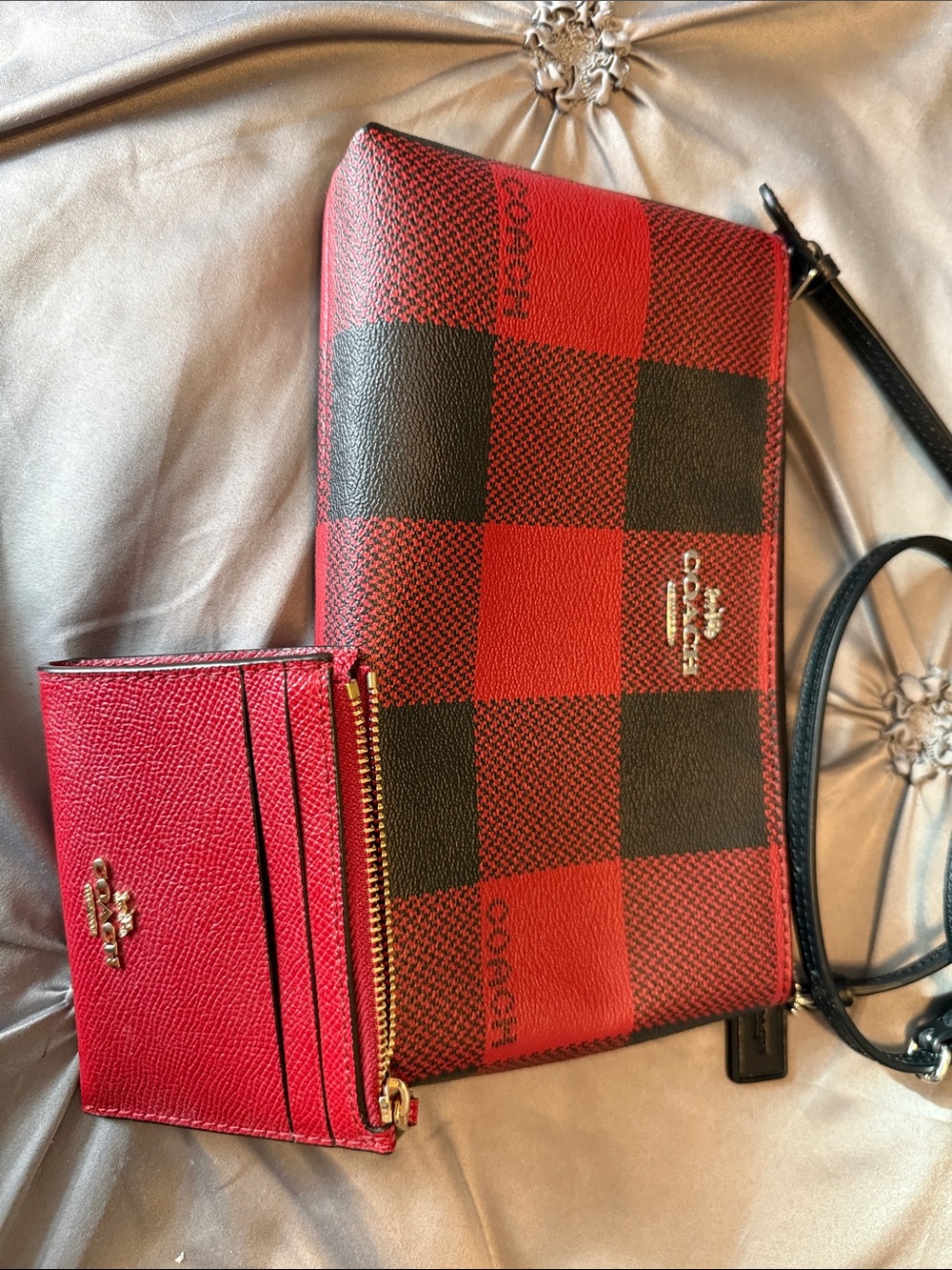 Coach Red & Black Buffalo Plaid Crossbody with Matching Card Case